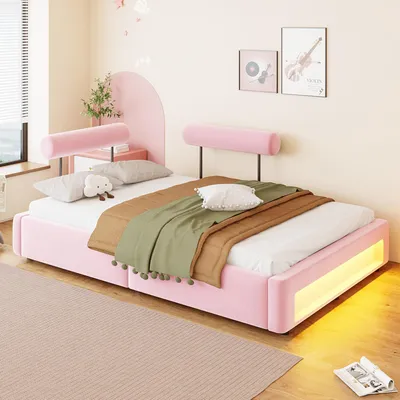 Imagen del producto de Cama tapizada de 140 x 200 cm con 2 respaldos ajustables, 4 posiciones, iluminación LED en la cabecera, tapizada en terciopelo, diseño de plataforma