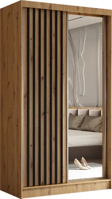 Produktbild von Masseno Schiebetürenschrank LAMELLO 120 cm Kleiderschrank mit 2 Schubladen Schlafzimmer Schrank 2-türig mit Spiegel und Lamellen Eiche Artisan