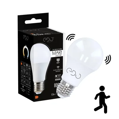 A product shot of a lightbulb and its packaging, with graphic elements indicating motion and dusk sensing.