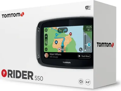 The image shows the retail packaging of a TomTom Rider 550 motorcycle navigation device.