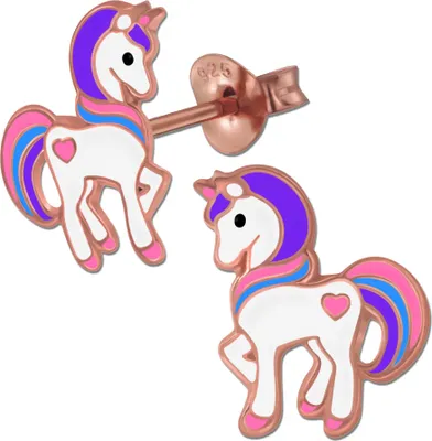 Produktbild von Mädchen Ohrringe 925 echt Silber Einhorn Pferde Herz Rosegold 925er Ohrstecker für Kinder K638