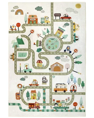 A children's play mat with a road system and various cartoon vehicles and buildings.