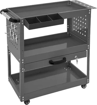 Produktbild von 3-Stufiger Werkzeugwagen mit 4 Universalrädern & Griff | Mobiler Metallwagen 550lbs Belastbar, Montagewagen Rollwagen für Garage Zuhause Lager, 81 x 36 x 78cm (Grau)