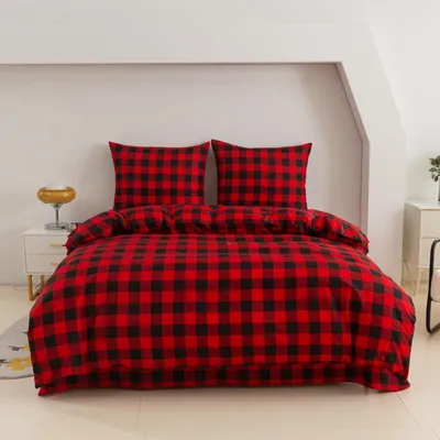 Obrázok produktu pre Posteľná bielizeň – 200 x 200 cm – sada obliečky na posteľ a obliečok na vankúše – červená mriežka – mikrovlákno a bavlna – 2 obliečky na vankúše 70 x 80 cm