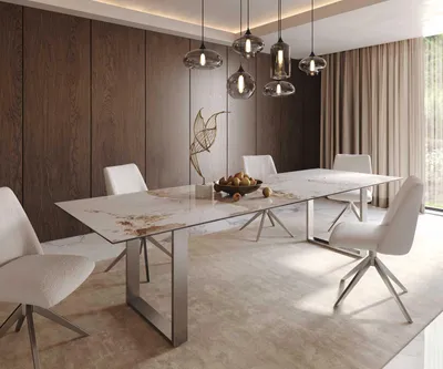 Produktbild von DELIFE Esstisch Edge 300x100 Keramik Minas Melange Weiß-Beige Edelstahl Schmal