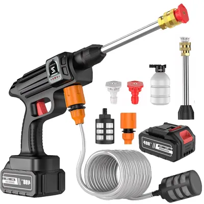 Immagine prodotto di Idropulitrice portatile a batteria - Pistola ad alta pressione da 21 V - Senza fili - 1 batteria inclusa - Versione aggiornata - Spina UE - Arancione