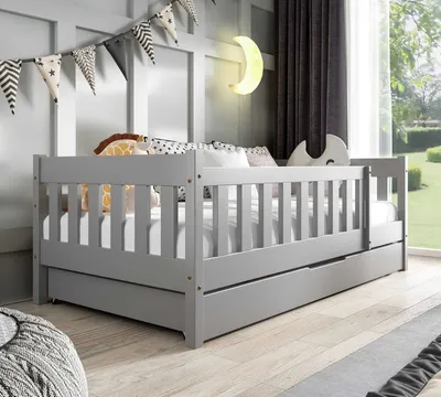 Produktbild von Kinderbett mit Matratze und Schublade 80 x 190 cm in Grau Holzbett, Einzelbett für Kinder ZOSIA