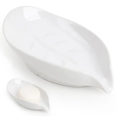 Image de Porte-savon en céramique blanc, forme feuille, lot de 1