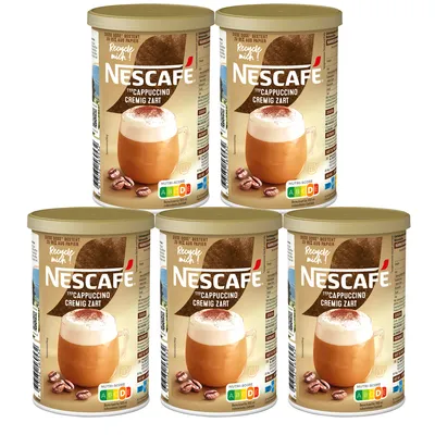Five cans of Nescafe Cappuccino are arranged in a staggered pattern against a white background.