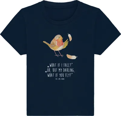 Produktbild von Mr. & Mrs. Panda Organic Baby Shirt Rotkehlchen Federn 0. - 6. Monat - French Navy - Geschenk, fliegen,  T-Shirt, Spruch Mut, Baumwollshirt, Vogel, Lustige Sprüche