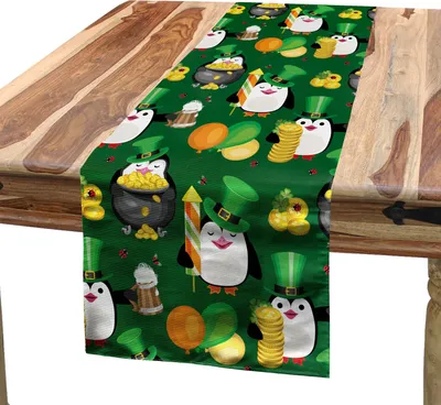 Produktbild von ABAKUHAUS Kobold Tischläufer, Irish Themed lustige Cartoon-Muster des Pinguins mit Hut, 40 x 180 cm, Jägergrün Mehrfarbig