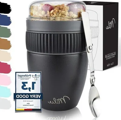 Produktbild von Famanu Isolierte Joghurtbecher für Müsli to go 400ml - Leckfrei mit Löffel - Schwarz