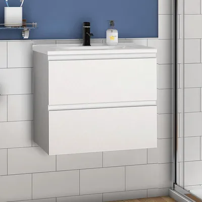 Image de Acezanble Lavabo avec meuble sous vasque, à poser, en céramique, ensemble de meubles de salle de bains, Suspendu, Matte, blanc, 60 cm