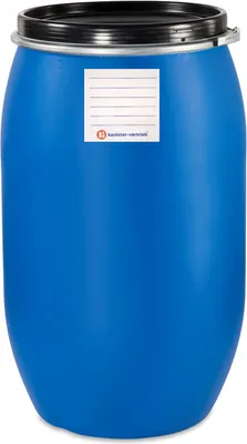 Produktbild von kanister-vertrieb® 220 Liter Deckelfass, Kunststofffass, Futtertonne, Fass, Weithalstonne Farbe blau inkl. Etikett (220 D)