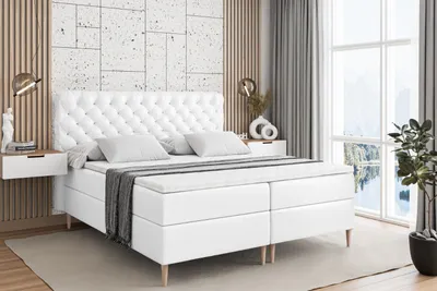 Produktbild von ALTDECOR Boxspringbett mit Holz Füßen, Matratze und Lattenrost, Boxbett, Topper, Polsterbett mit Bettkasten, Bett mit Stauraum H4-Matratze, Doppelbett - BOXI8-FD- 140x200 - Weiß Kunstleder