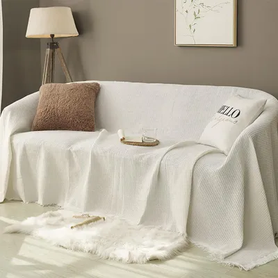 Obrázek produktu pro Waffel Sofa Přikrývka 180x300cm Velká přikrývka na 3místnou pohovku Univerzální přikrývka jako přikrývka na pohovku, přehoz na gauč, potah na pohovku a přehoz s ozdobnými střapci – světle šedá