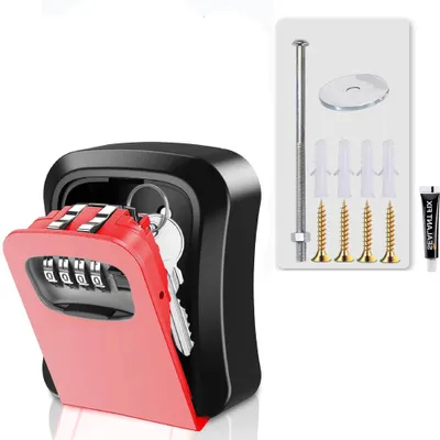 Produktbild von Schlüsselsafe mit Zahlenschloss – 4-stelliger Code – Schlüsselbox für außen – Wetterfest – mit Schrauben und Kleber – 11,7x9,7x4 cm – Rot