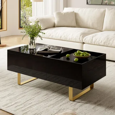 Produktbild von okwish Hochglanzoberfläche Couchtisch mit verstellbarer Tischplatte, Sofatisch mit Schublade und Eisenfüßen, Schwarz
