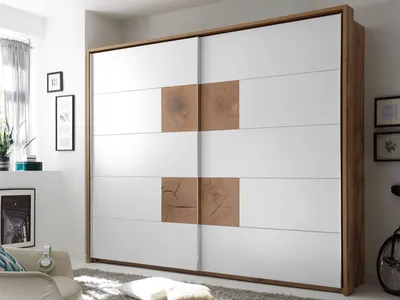 Produktbild von Schwebetürenschrank Schlafzimmerschrank Kleiderschrank Schrank "Constantin I" Wildeiche / Weiß / Absetzung Hirnholz