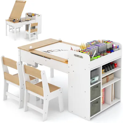 Obrázok produktu pre Detský stolík s 2 stoličkami, multifunkčný stolík 3 v 1 s naklápateľnou doskou, úložný priestor, látkové boxy, rolka papiera, prírodný dizajn