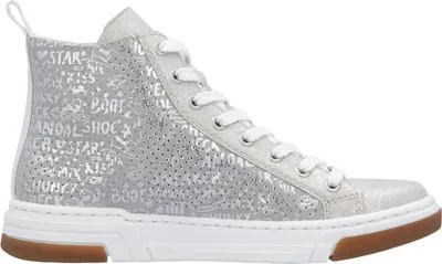 A single silver high-top sneaker with white laces and a brown sole, set against a white background.