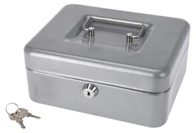 Produktbild von Geldkassette aus Stahlblech 20 x 16 x 9 cm abschließbar mit 2 Schlüsseln, Geldbox mit herausnehmbarem Münzbrett (Silber)