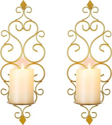 Productafbeelding van Unyqoos® Wandkaarsenhouder, set van 2, van ijzer, goud – 33,5 × 17,5 cm, wandkandelaar in vintage/barokstijl voor kaarsen en theelichthouders