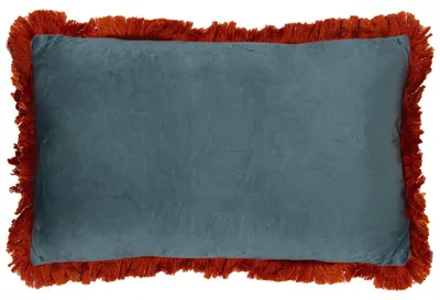 Samtkissen 50x30 cm, doppelseitig, wasserblau/orange, mit Fransen