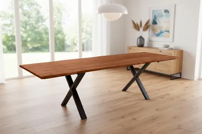 Produktbild von Esstisch Baumkante Akazie nuss 160(260)x90 Ansteckplatten X-Gestell schwarz AVINO