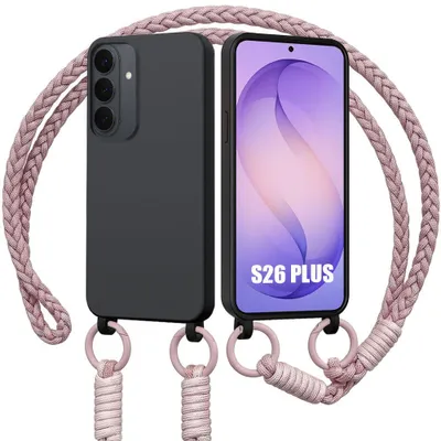 Image de Coque pour Samsung Galaxy S26 Plus, Protection Silicone Souple Noire avec Cordon Rose