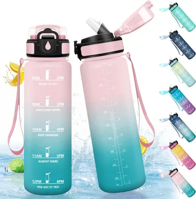 Produktbild von Trinkflasche 1 L, BPA-frei, auslaufsicher, mit Strohhalm, für Schule, Fitness, Büro, mit Zeitmarkierungen
