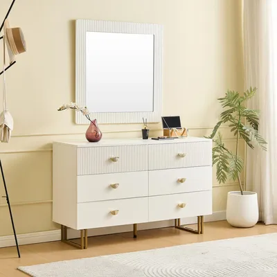 Produktbild von Merax Sideboard und Spiegel-Set, Kommode mit goldenen Akzenten und Schubladen, Schminktisch mit Wandspiegel, ideal für Flur, Schlafzimmer, Wohnzimmer