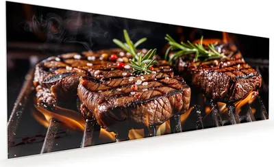 Produktbild von Küchenrückwand Spritzschutz Glas mit Motiv Gegrillte Steaks 40 x 40 cm