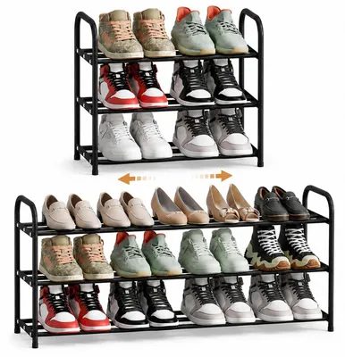 Immagine prodotto di Scaffale per scarpe estensibile, da 43 a 78 cm, 3 ripiani, stretto, salvaspazio, colore nero