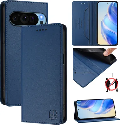 Obrázek produktu pro Kožené pouzdro pro Google Pixel 10 / Pixel 10 Pro, flipové pouzdro s přihrádkami na karty, peněženkou a stojánkem Modrý