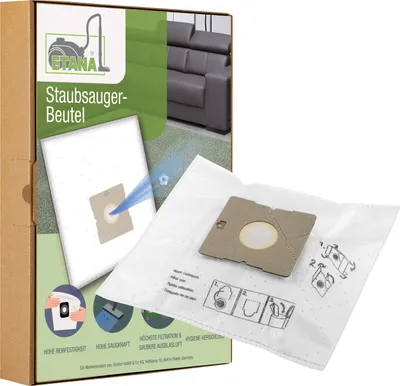 A box of Etana vacuum cleaner bags with a vacuum cleaner bag shown outside the box.