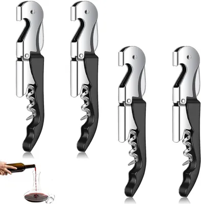 Produktbild von 4 Stück Kellnermesser mit Korkenzieher, 3-in-1-Weinöffner für Sommeliers und alle Korkenarten (Schwarz)