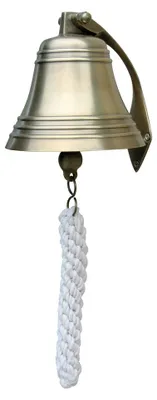 Imagen del producto de Campana de barco, de latón, antigua, con soporte y cinta, 12,5 cm