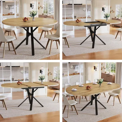 Productafbeelding van Uitschuifbare eettafel 100–140 cm, ronde-ovale eettafel, uitschuifbaar, metalen X-frame, verstelbare poten, houtlook, voor keuken en eetkamer