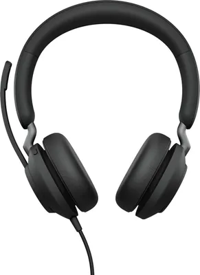 A studio shot of a black headset against a white background.