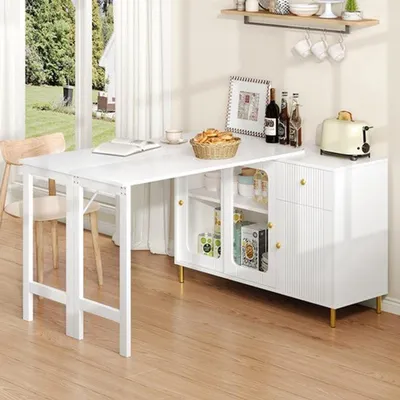 Image de Buffet avec table pliante intégrée - Armoire - Portes coulissantes en verre - Idéal pour salle à manger et cuisine