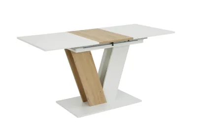 Produktbild von Hela Tische Esstisch Siena, Nachbildung Weiß Artisan Eiche, schräge Säulenfüße V-Form zweifarbig, Weiße Bodenplatte, Ausziehbar, Maß 110-150x70cm