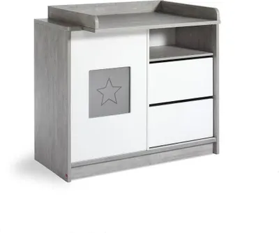 Produktbild von Schardt Wickelkommode Eco Star mit Wickelaufsatz, 93x113x54/72 cm, Holzdekor Driftwood Weiß, 1 Schiebetür, 1 offenes Fach, 2 Schubladen, umwandelbar zur Kommode, umweltfreundlich