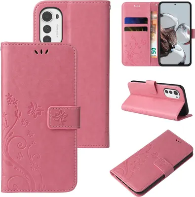 Produktbild von Handyhülle für Motorola Moto E32 Floral Blumen Schmetterling Flip Cover Hülle Case Klapphülle Handytasche Farbe: Rosegold