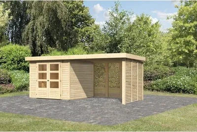Produktbild von Gartenhaus Karibu Kodiak 3,5 inkl. Anbaudach 2,8 m, Feuerholzoption 528,5 x 262 cm natur