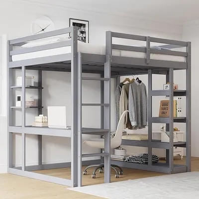 Produktbild von Hochbett, 140 x 200 cm, aus Holz, Kinderbett mit Schreibtisch, Leiter und Regalen, Grau (ohne Matratze)