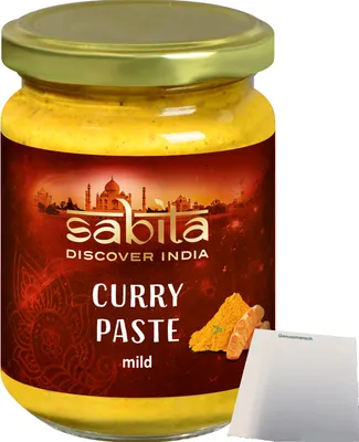 Produktbild von Sabita Curry-Paste mild für typisch indische Currys zum marinieren von Hähnchen Lamm Rind sowie Fisch (125g Glas) + usy Block