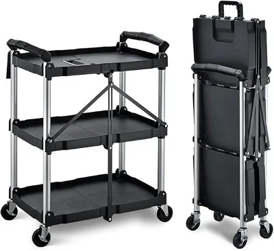 Imagen del producto de Carrito de servicio plegable con ruedas, carrito plegable con 3 estantes, carro de cocina para uso en exteriores e interiores