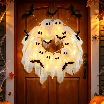 Halloween-Geisterkranz mit LED, 25 cm, für Tür und Fenster