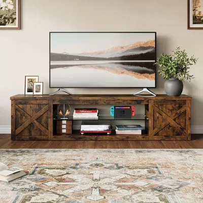 Produktbild von TV-Lowboard Landhausstil 148 cm, Räuchereichen-Optik, TV-Schrank mit RGB-LED, dekorativem X-Design, verstellbarem Einlegeboden & offenem Stauraum